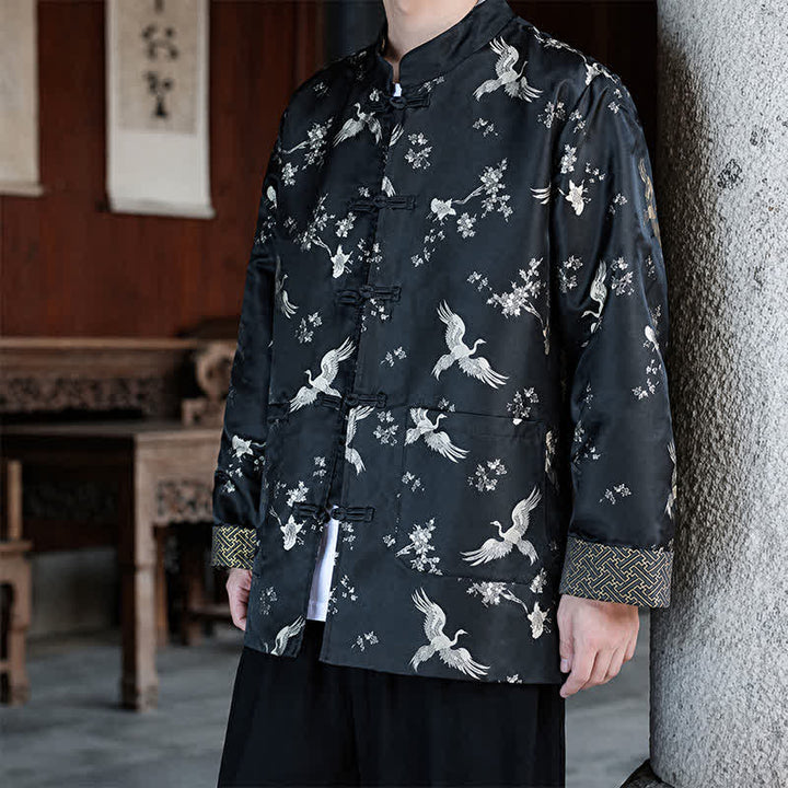 Buddha Stones Chaquetas de hombre estilo Tang vintage con cuello mandarín y estampado de grullas, ideales para otoño e invierno. - image 4