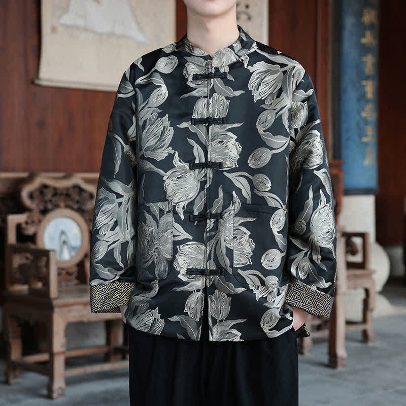 Buddha Stones Chaquetas de hombre estilo Tang vintage con cuello mandarín y estampado de grullas, ideales para otoño e invierno. - Flores - US/UK/AU46, EU56 (5XL) - image 19