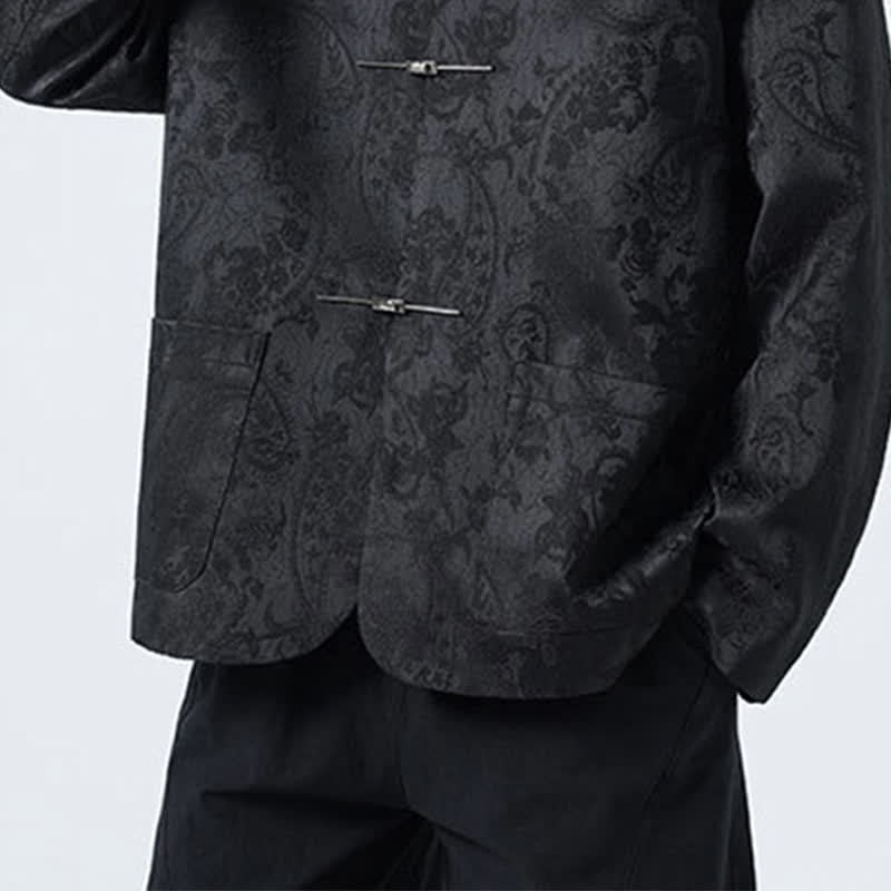 Buddha Stones Chaquetas de hombre de estilo Tang vintage con cuello mandarín, botones de rana y estampado floral, ideales para otoño e invierno. - image 8