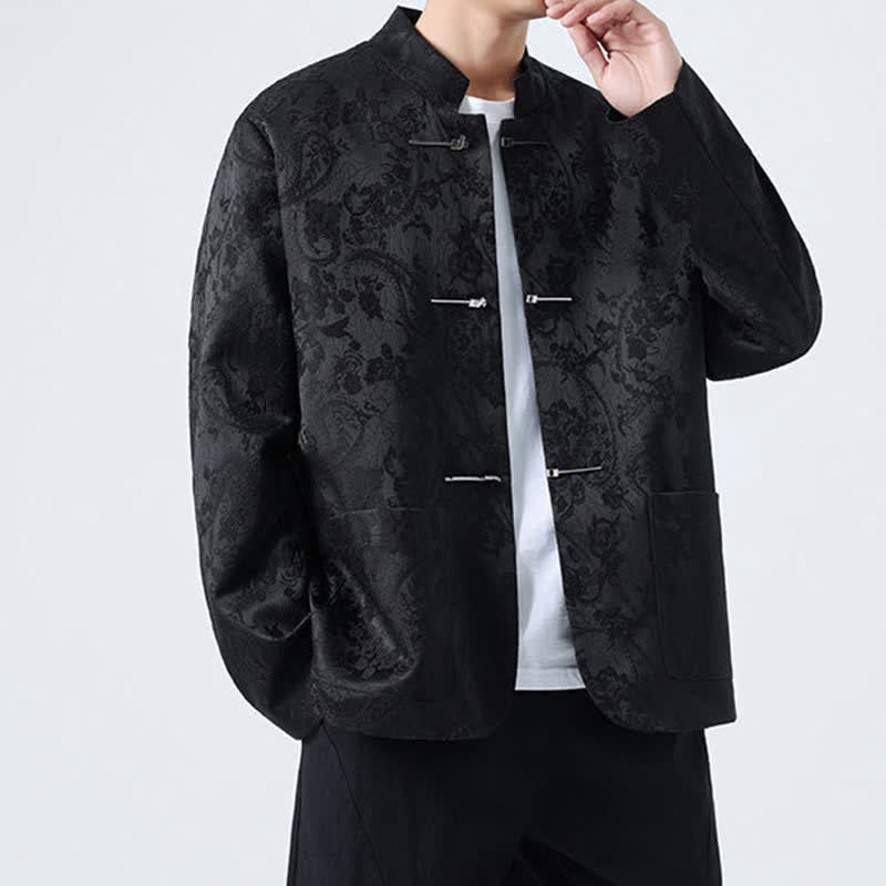 Buddha Stones Chaquetas de hombre de estilo Tang vintage con cuello mandarín, botones de rana y estampado floral, ideales para otoño e invierno. - image 2