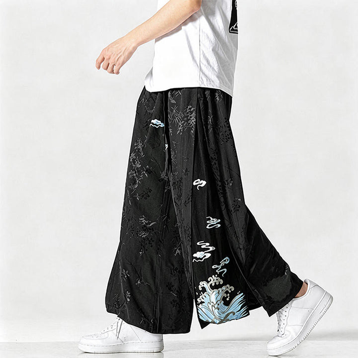 Buddha Stones Pantalones cortos de pierna ancha para hombre con cordón ajustable y bordado abstracto, estilo Tang, ideales para primavera y verano. - image 4