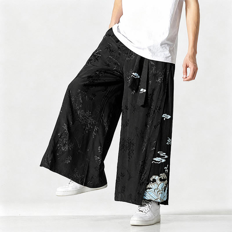Buddha Stones Pantalones cortos de pierna ancha para hombre con cordón ajustable y bordado abstracto, estilo Tang, ideales para primavera y verano. - Negro - US/UK/AU46, EU56 (5XL) - image 0