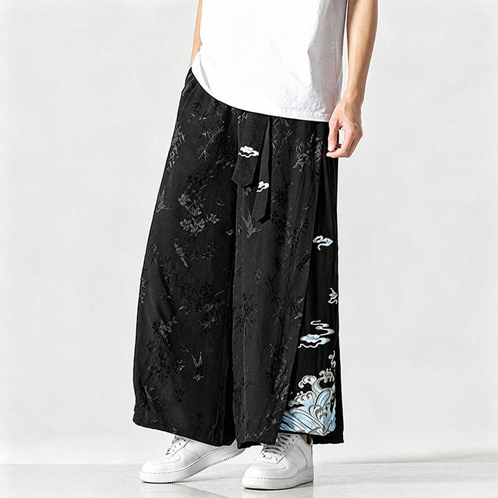 Buddha Stones Pantalones cortos de pierna ancha para hombre con cordón ajustable y bordado abstracto, estilo Tang, ideales para primavera y verano. - image 2