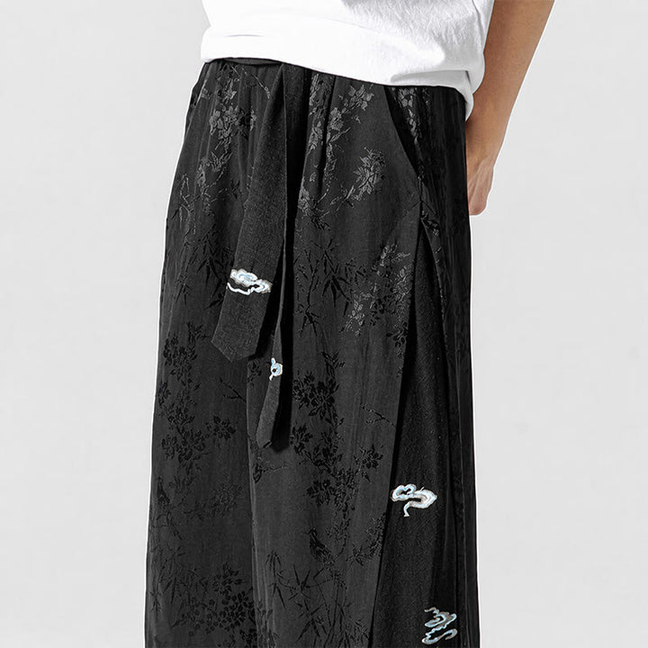 Buddha Stones Pantalones cortos de pierna ancha para hombre con cordón ajustable y bordado abstracto, estilo Tang, ideales para primavera y verano. - image 8