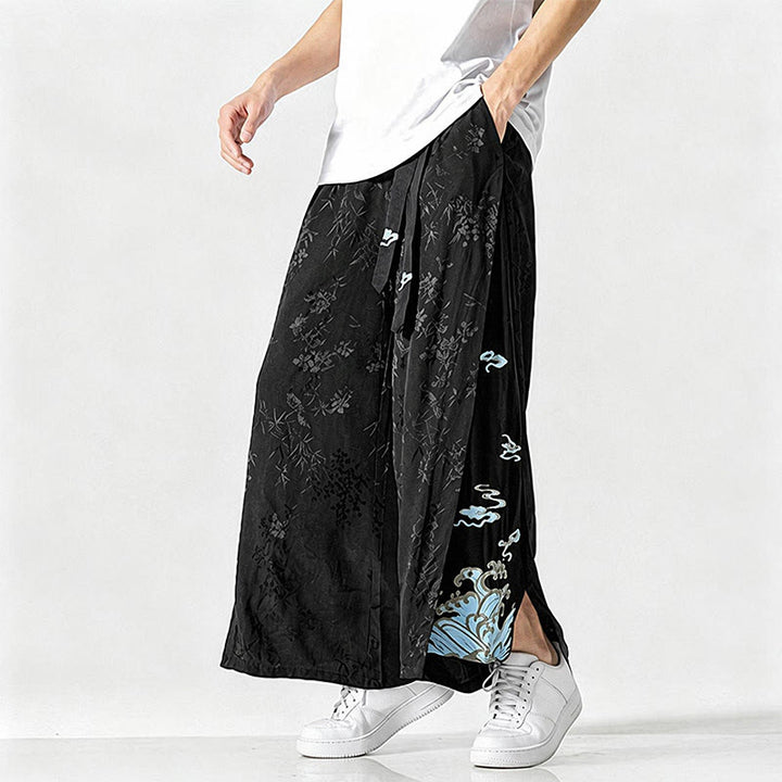 Buddha Stones Pantalones cortos de pierna ancha para hombre con cordón ajustable y bordado abstracto, estilo Tang, ideales para primavera y verano. - image 6