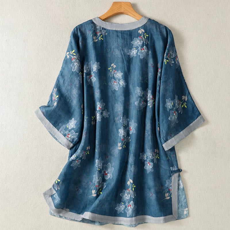 Buddha Stones Camisas de manga tres cuartos para mujer, estilo Tang vintage, con botones de rana y estampado floral, de algodón y lino, ideales para primavera y verano. - image 1