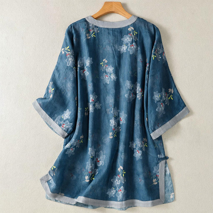 Buddha Stones Camisas de manga tres cuartos para mujer, estilo Tang vintage, con botones de rana y estampado floral, de algodón y lino, ideales para primavera y verano. - image 1