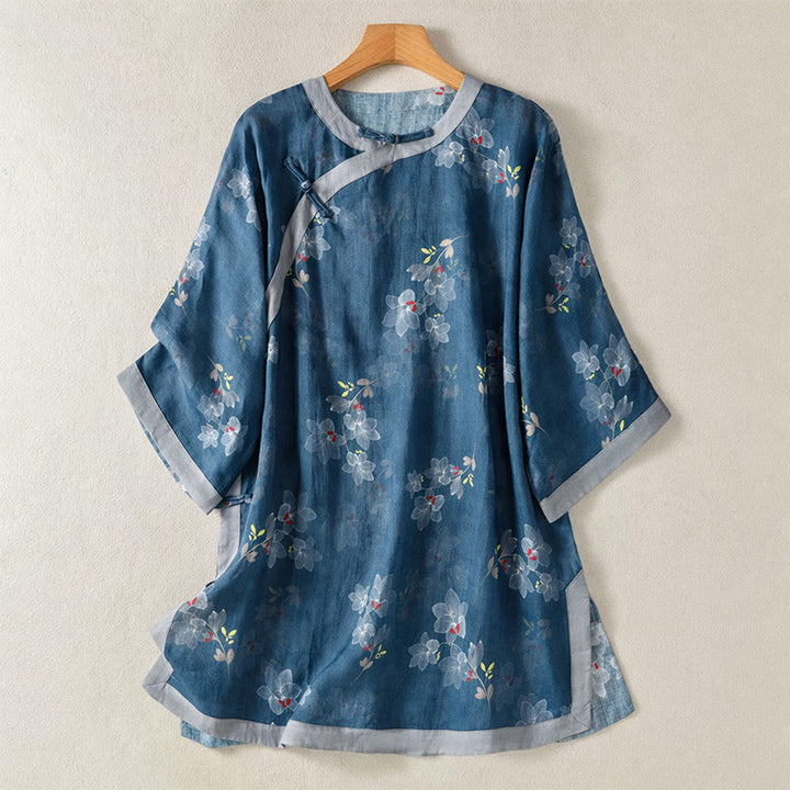 Buddha Stones Camisas de manga tres cuartos para mujer, estilo Tang vintage, con botones de rana y estampado floral, de algodón y lino, ideales para primavera y verano. - Azul acero - US12, UK/AU16, EU44 (2XL) - image 0