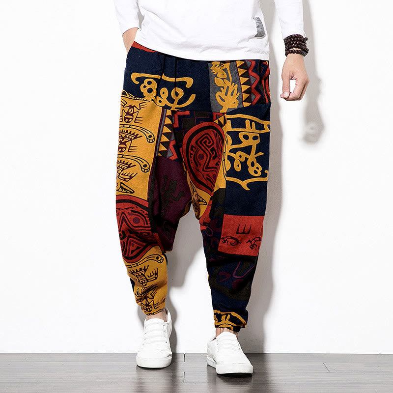 Pantalones harén para hombre con estampado de pájaros, grafiti en rojo y marrón, con Buddha Stones y bolsillos - image 1