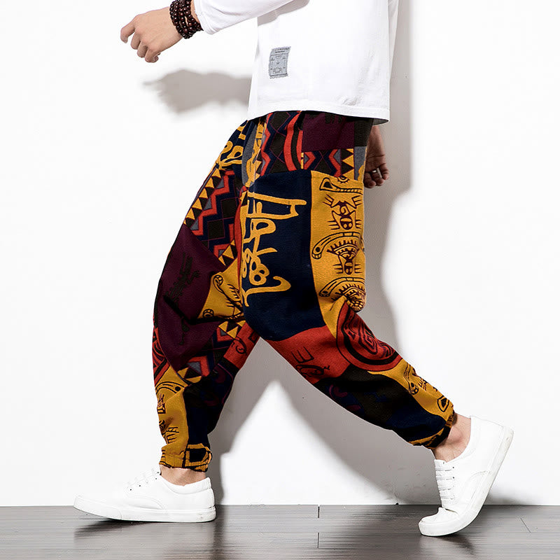 Pantalones harén para hombre con estampado de pájaros, grafiti en rojo y marrón, con Buddha Stones y bolsillos - Sandy Brown - US/UK/AU44, UE 54 (5XL) - image 0