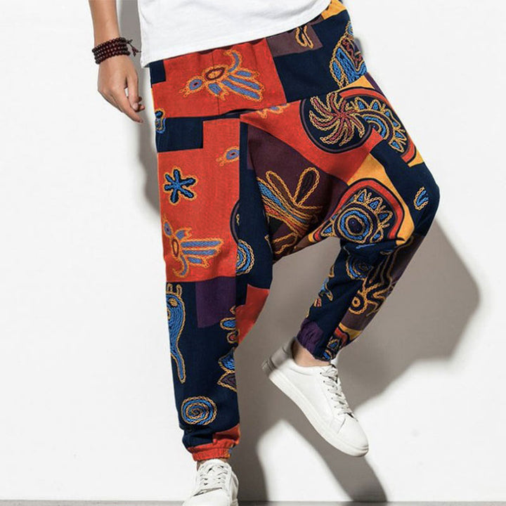 Pantalones harén para hombre con estampado de pájaros, grafiti en rojo y marrón, con Buddha Stones y bolsillos - Naranja oscuro - US/UK/AU44, UE 54 (5XL) - image 12