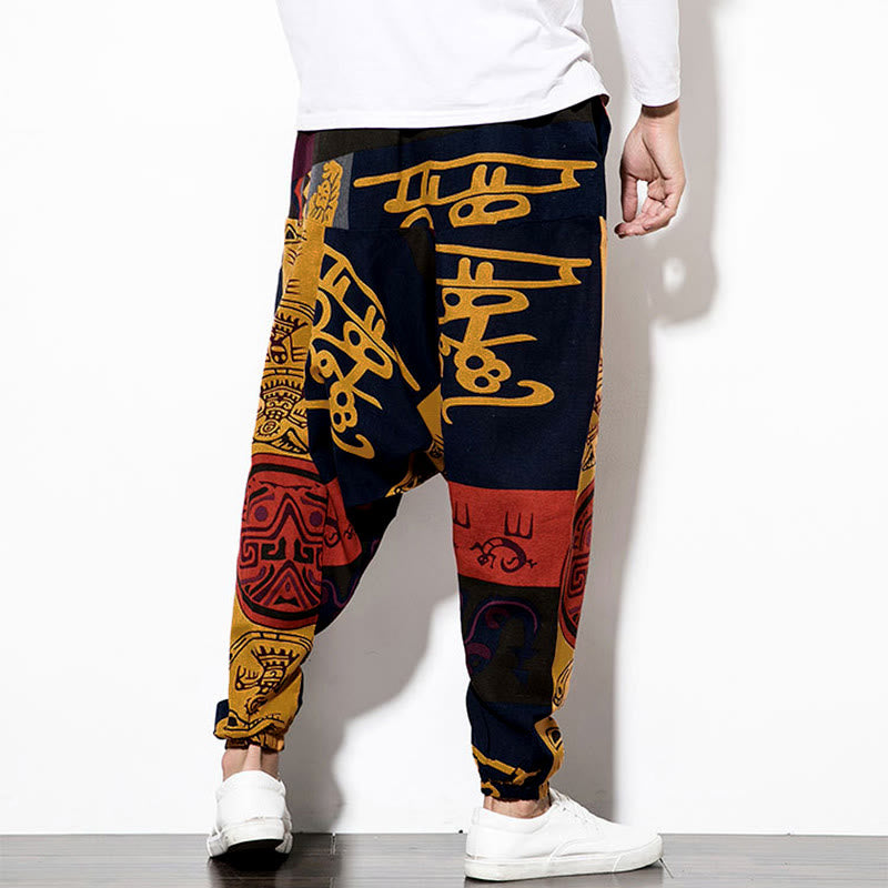 Pantalones harén para hombre con estampado de pájaros, grafiti en rojo y marrón, con Buddha Stones y bolsillos - image 2