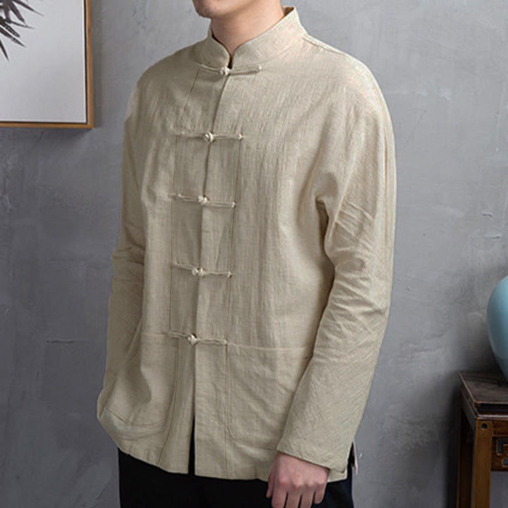 Camisa de hombre informal de color liso con botones de rana y estampado de Buddha Stones. - image 1