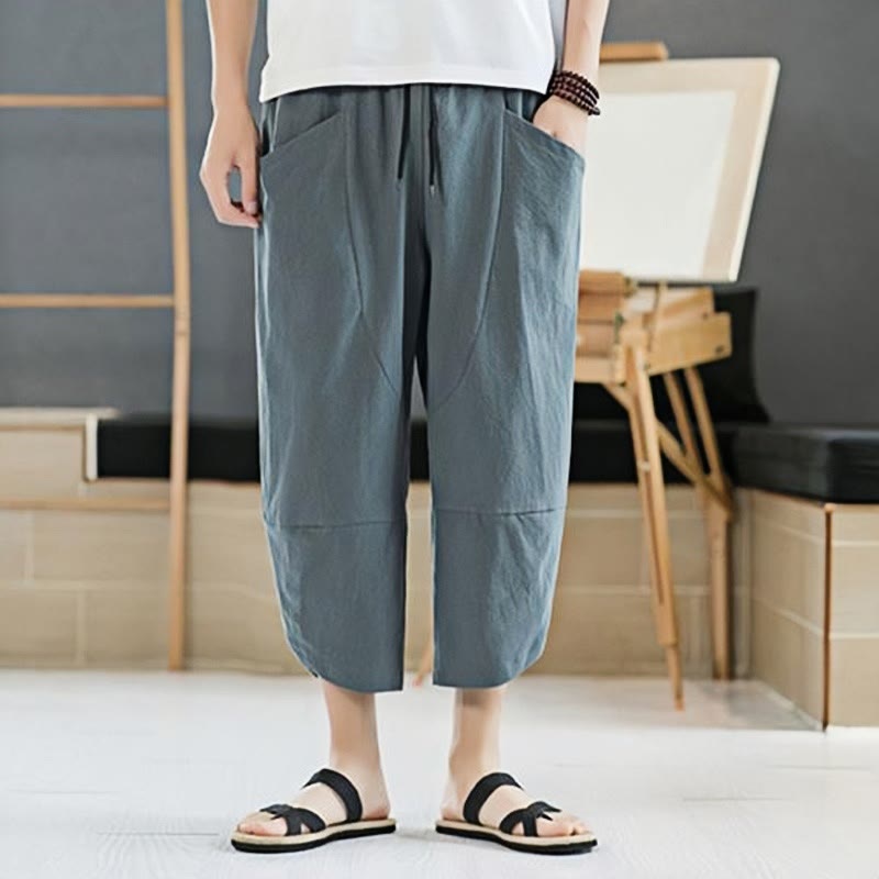 Pantalones de verano para hombre Buddha Stones, color liso, largo 7-8, con cordón ajustable y bolsillos. - image 1