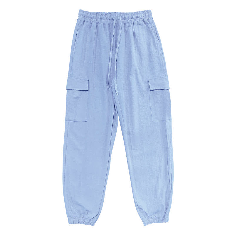 Pantalones cargo de lino con cordón y bolsillos para hombre, de color liso, con Buddha Stones - image 10