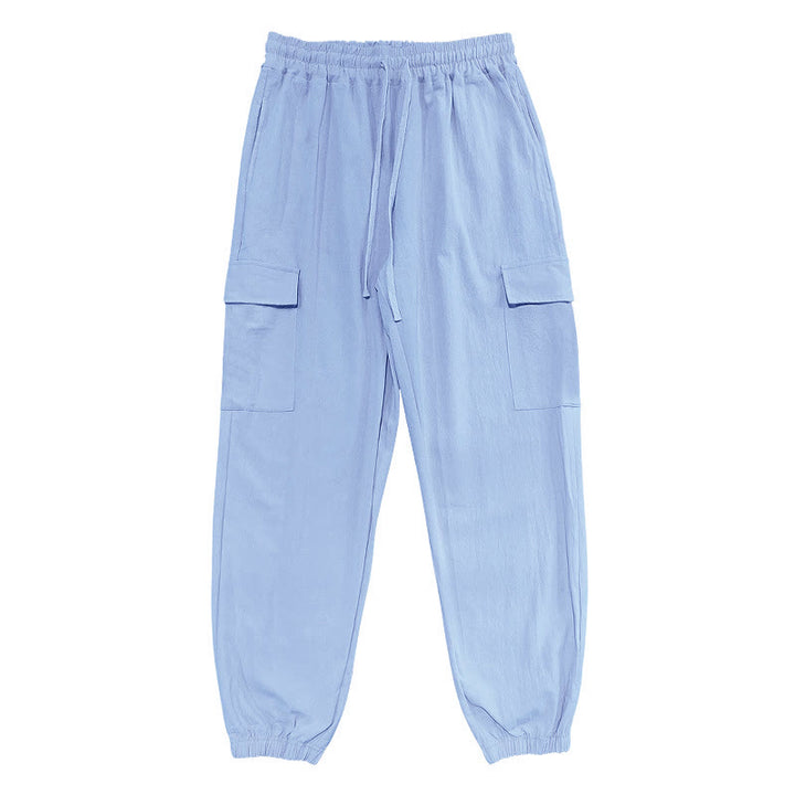 Pantalones cargo de lino con cordón y bolsillos para hombre, de color liso, con Buddha Stones - image 10