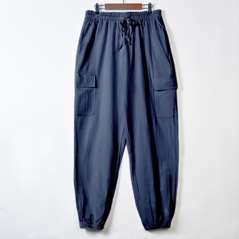 Pantalones cargo de lino con cordón y bolsillos para hombre, de color liso, con Buddha Stones - Azul acero - US/UK/AU46, UE 56 (3XL) - image 28