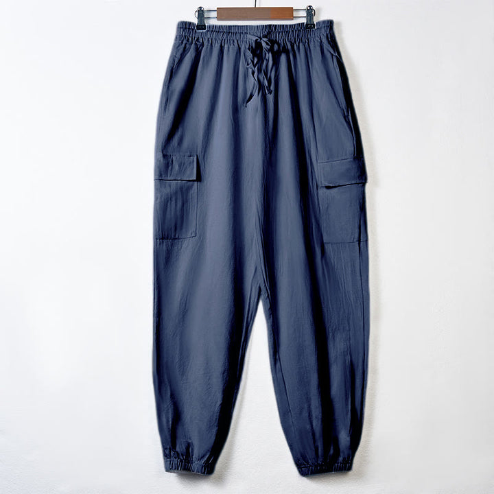 Pantalones cargo de lino con cordón y bolsillos para hombre, de color liso, con Buddha Stones - Azul acero - US/UK/AU46, UE 56 (3XL) - image 28