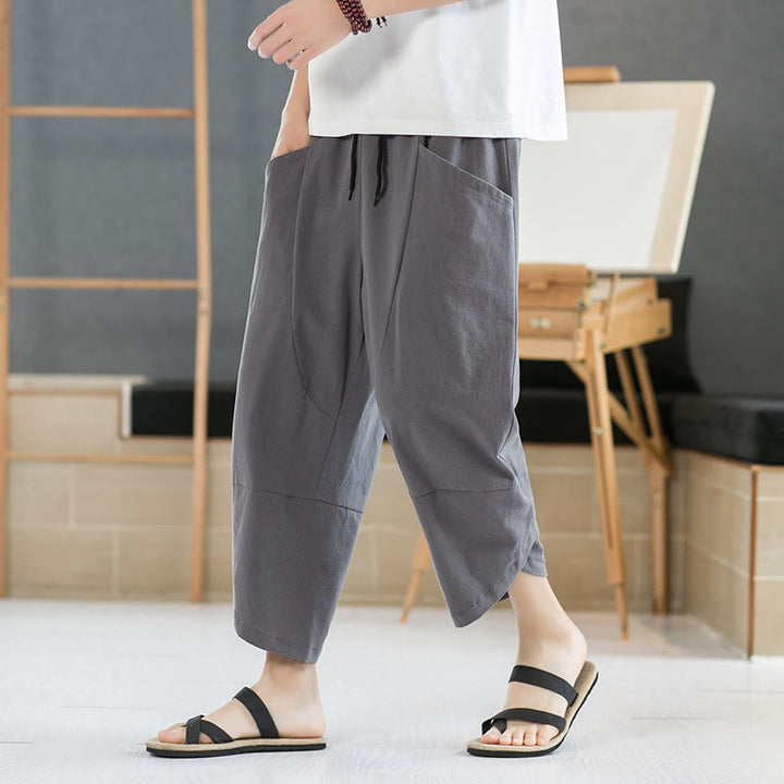 Pantalones de verano para hombre Buddha Stones, color liso, largo 7-8, con cordón ajustable y bolsillos. - Gris - US/UK/AU46, EU56 (5XL) - image 13