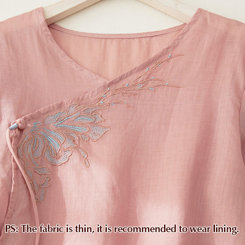 Camisa casual de manga tres cuartos para mujer con bordado de plantas y diseño de Buddha Stones. - image 2