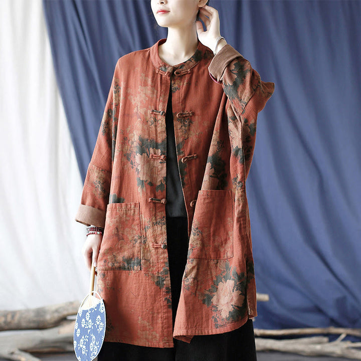 Chaqueta abierta con botones y bolsillos, con estampado de flores de peonía naranja y Buddha Stones. - US4-14, UK/AU8-18, EU36-46 (F) - image 0