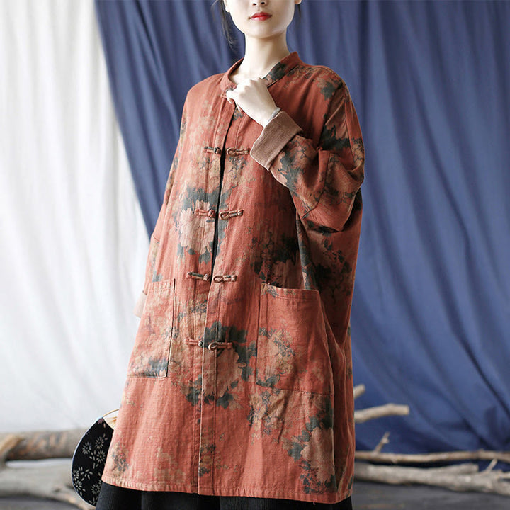Chaqueta abierta con botones y bolsillos, con estampado de flores de peonía naranja y Buddha Stones. - image 5