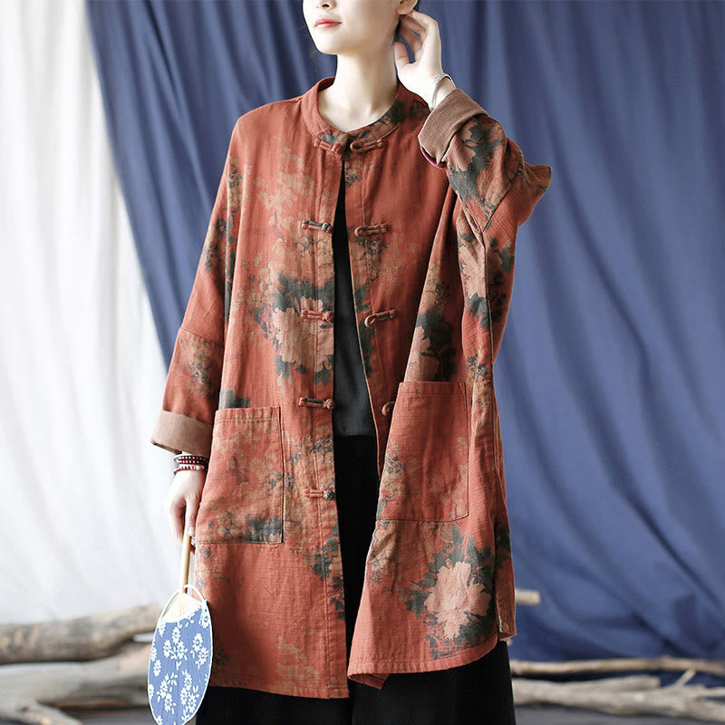 Chaqueta abierta con botones y bolsillos, con estampado de flores de peonía naranja y Buddha Stones. - US4-14, UK/AU8-18, EU36-46 (F) - image 0