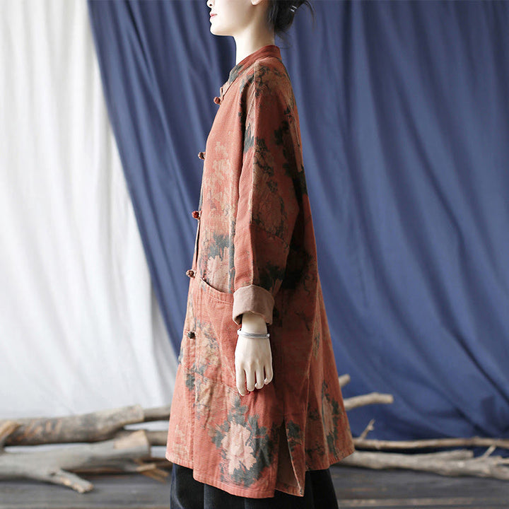 Chaqueta abierta con botones y bolsillos, con estampado de flores de peonía naranja y Buddha Stones. - image 4