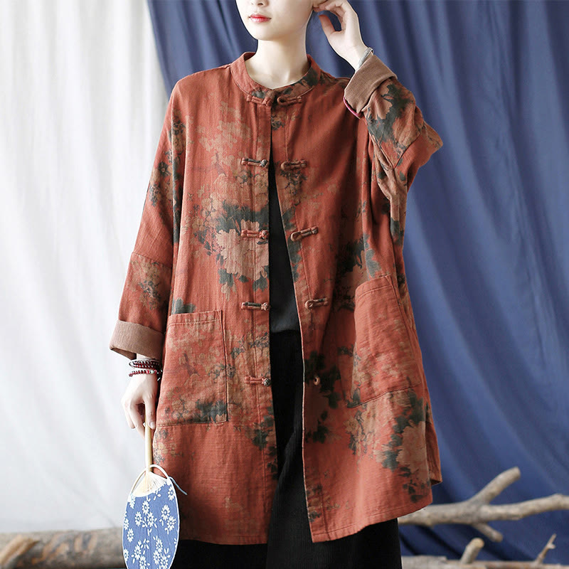 Chaqueta abierta con botones y bolsillos, con estampado de flores de peonía naranja y Buddha Stones. - image 20