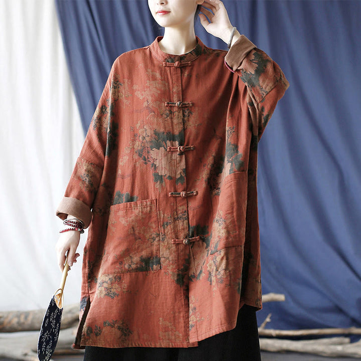 Chaqueta abierta con botones y bolsillos, con estampado de flores de peonía naranja y Buddha Stones. - image 21