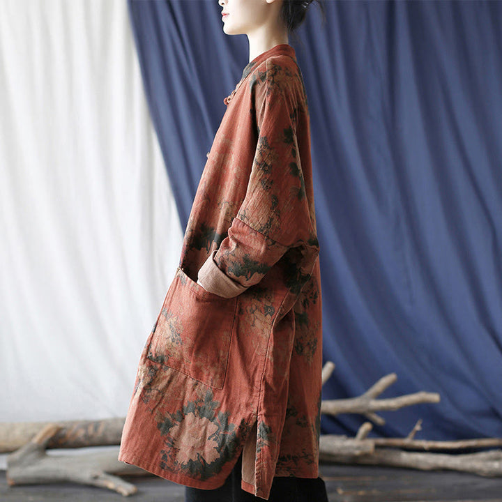 Chaqueta abierta con botones y bolsillos, con estampado de flores de peonía naranja y Buddha Stones. - image 2