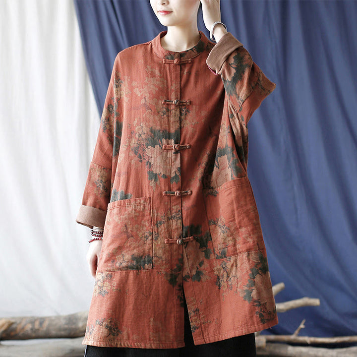 Chaqueta abierta con botones y bolsillos, con estampado de flores de peonía naranja y Buddha Stones. - image 23
