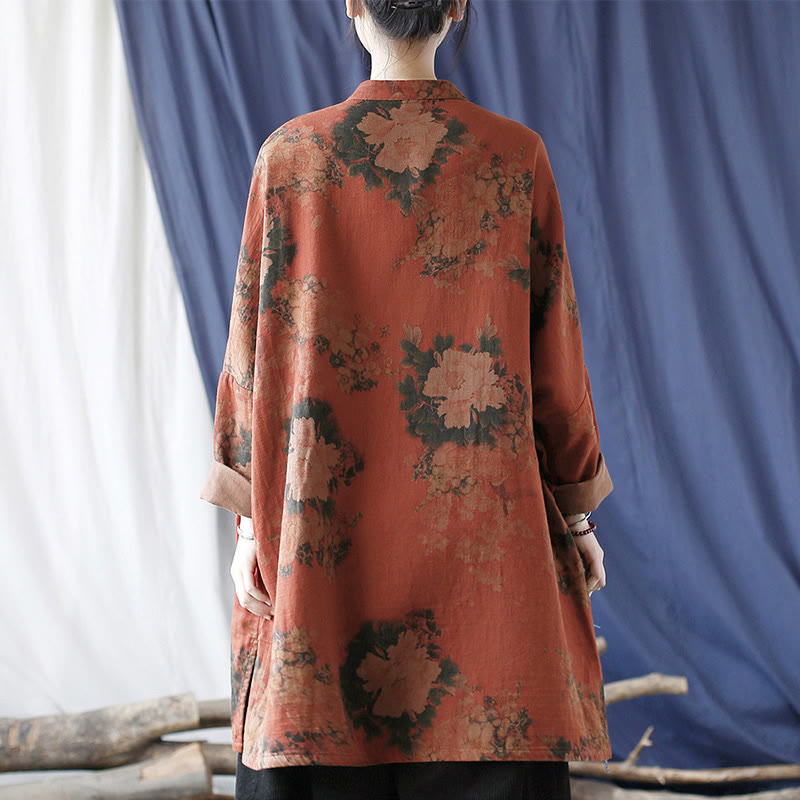 Chaqueta abierta con botones y bolsillos, con estampado de flores de peonía naranja y Buddha Stones. - image 3