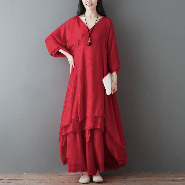 Vestido túnica midi con cuello en V y estampado de Buddha Stones, pantalones de pierna ancha, ropa para meditación, práctica zen y danza. - Conjunto de 2 piezas rojo (vestido y pantalón) - US12, UK/AU16, EU44 (2XL) - image 7