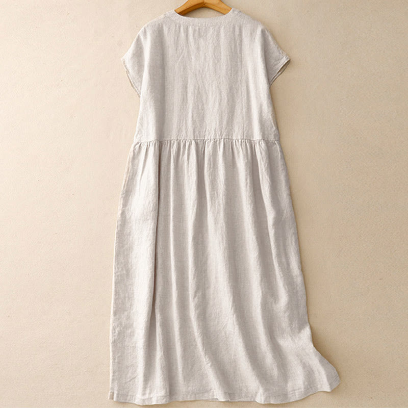 Vestido midi informal de manga corta con estampado de Buddha Stones, de color liso, diseño sencillo y cintura alta, con bolsillos. - image 1