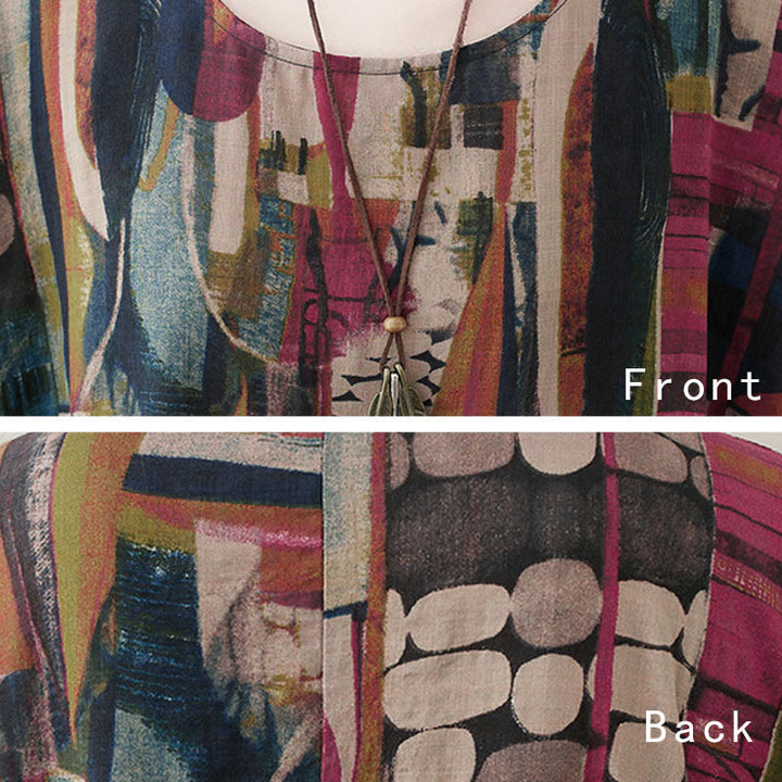 Vestido midi con Buddha Stones y gráficos coloridos, estilo túnica de manga corta con bolsillos. - image 8