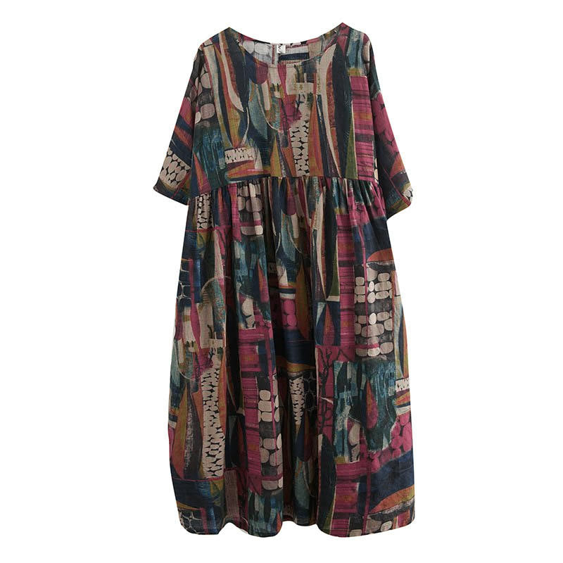 Vestido midi con Buddha Stones y gráficos coloridos, estilo túnica de manga corta con bolsillos. - image 12