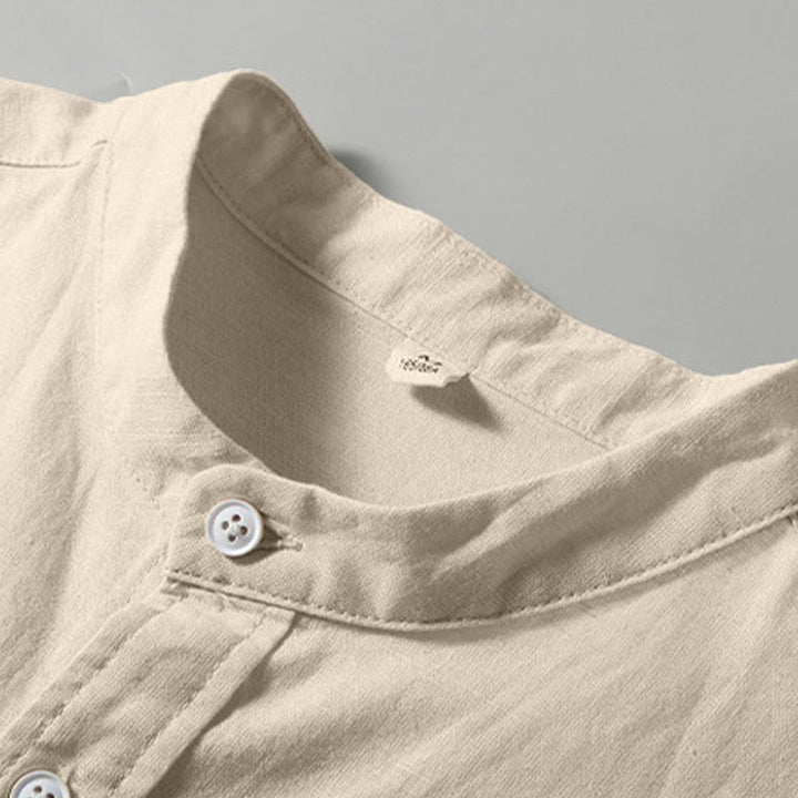 Camisa de manga corta de algodón y lino con botones para hombre , Buddha Stones para el verano. - image 7