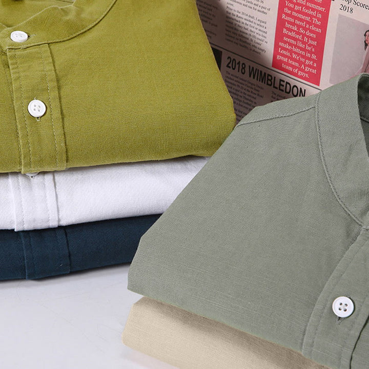 Camisa de manga corta de algodón y lino con botones para hombre , Buddha Stones para el verano. - image 1
