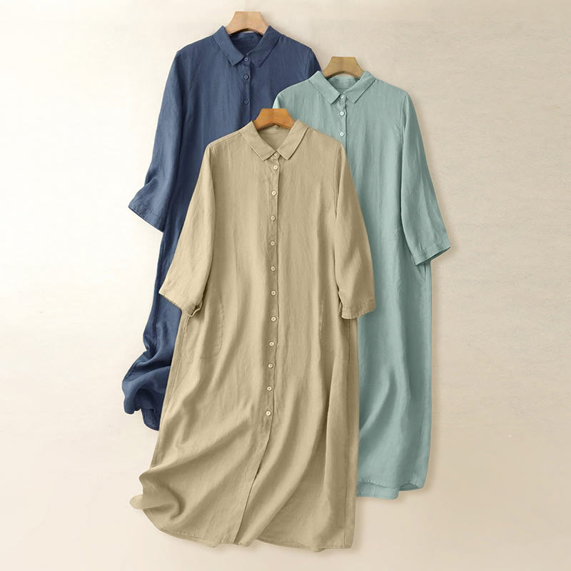 Vestido largo hasta la rodilla con botones y diseño sencillo de Buddha Stones para el día a día. - image 0