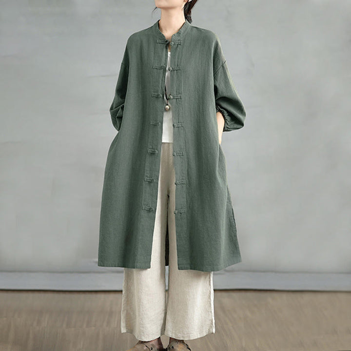 Abrigo informal de mujer con botones de rana y bolsillos, estampado de Buddha Stones. - Verde oliva oscuro - US12, UK/AU16, EU44 (2XL) - image 5