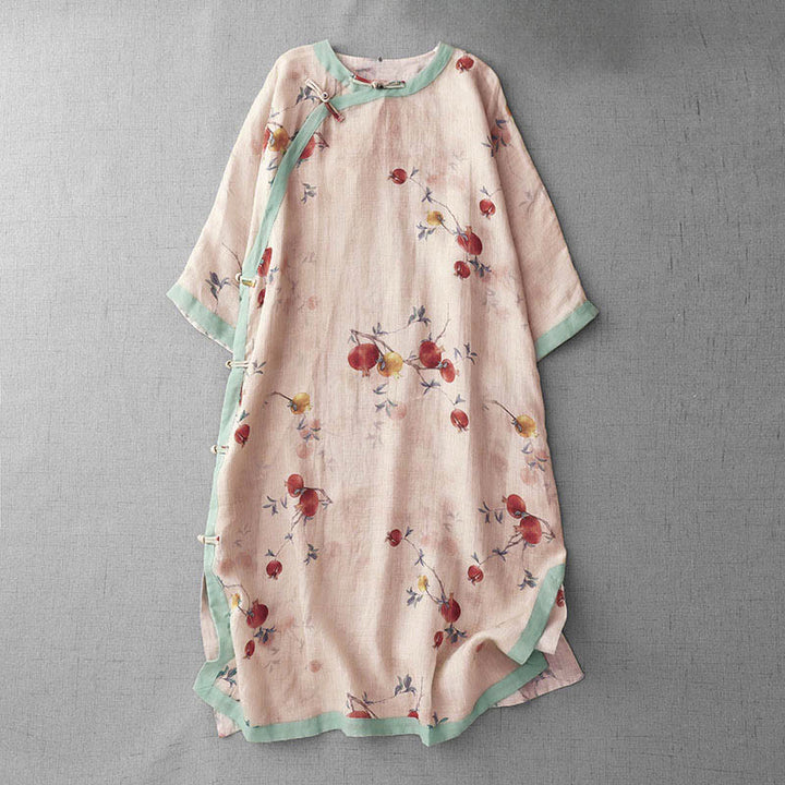 Vestido midi de manga corta con estampado de flores de granada, orquídeas y botones de rana, con abertura lateral y diseño de Buddha Stones. - PeachPuff - US12, UK/AU16, EU44 (2XL) - image 1