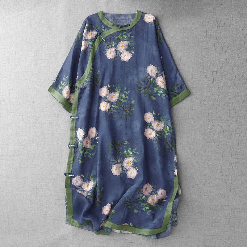 Vestido midi de manga corta con estampado de flores de granada, orquídeas y botones de rana, con abertura lateral y diseño de Buddha Stones. - Azul oscuro - US12, UK/AU16, EU44 (2XL) - image 13