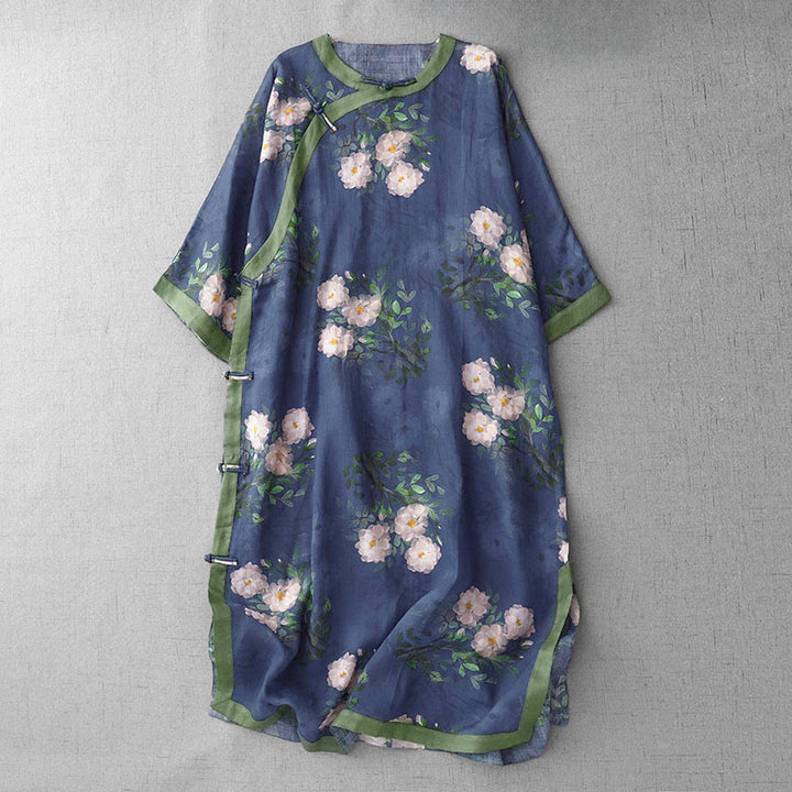 Vestido midi de manga corta con estampado de flores de granada, orquídeas y botones de rana, con abertura lateral y diseño de Buddha Stones. - Azul oscuro - US12, UK/AU16, EU44 (2XL) - image 13