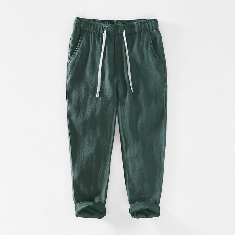 Pantalones de lino para hombre, largos hasta el tobillo, con bolsillos, de la Buddha Stones Fall Solid, con cordón ajustable y cintura elástica. - Verdemar - US/UK/AU44, EU54 (4XL) - image 25