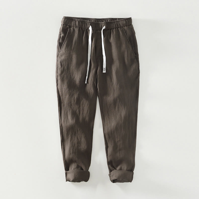 Pantalones de lino para hombre, largos hasta el tobillo, con bolsillos, de la Buddha Stones Fall Solid, con cordón ajustable y cintura elástica. - Tierra de siena - US/UK/AU44, EU54 (4XL) - image 12