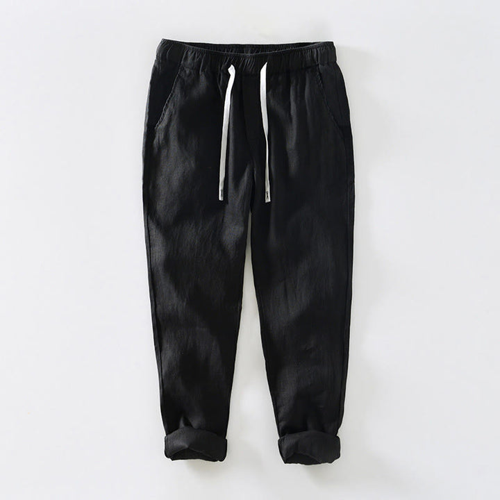 Pantalones de lino para hombre, largos hasta el tobillo, con bolsillos, de la Buddha Stones Fall Solid, con cordón ajustable y cintura elástica. - Negro - US/UK/AU44, EU54 (4XL) - image 5