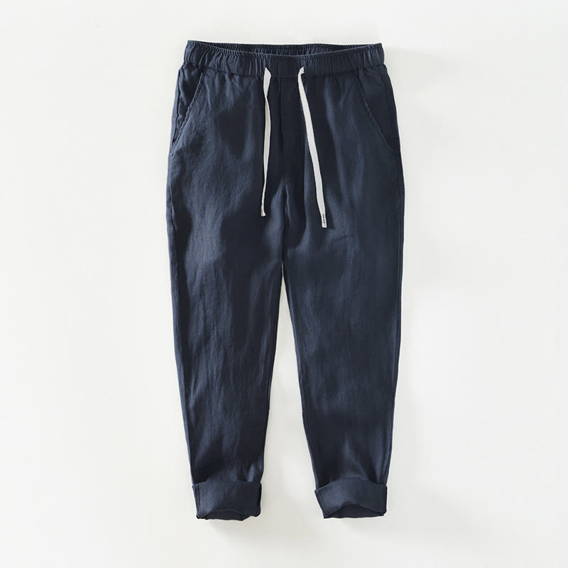 Pantalones de lino para hombre, largos hasta el tobillo, con bolsillos, de la Buddha Stones Fall Solid, con cordón ajustable y cintura elástica. - Azul medianoche - US/UK/AU44, EU54 (4XL) - image 8
