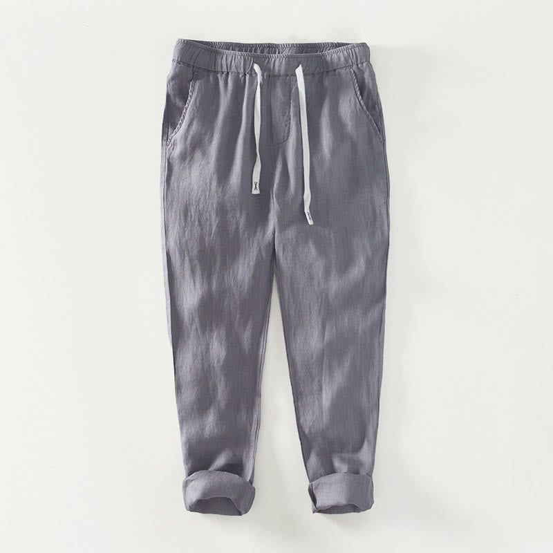 Pantalones de lino para hombre, largos hasta el tobillo, con bolsillos, de la Buddha Stones Fall Solid, con cordón ajustable y cintura elástica. - Gris - US/UK/AU44, EU54 (4XL) - image 15
