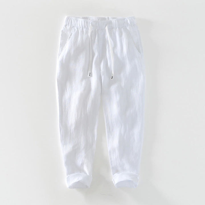 Pantalones de lino para hombre, largos hasta el tobillo, con bolsillos, de la Buddha Stones Fall Solid, con cordón ajustable y cintura elástica. - Blanco - US/UK/AU44, EU54 (4XL) - image 30